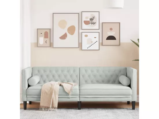Canapé Chesterfield avec traversins 3 places gris clair velours
