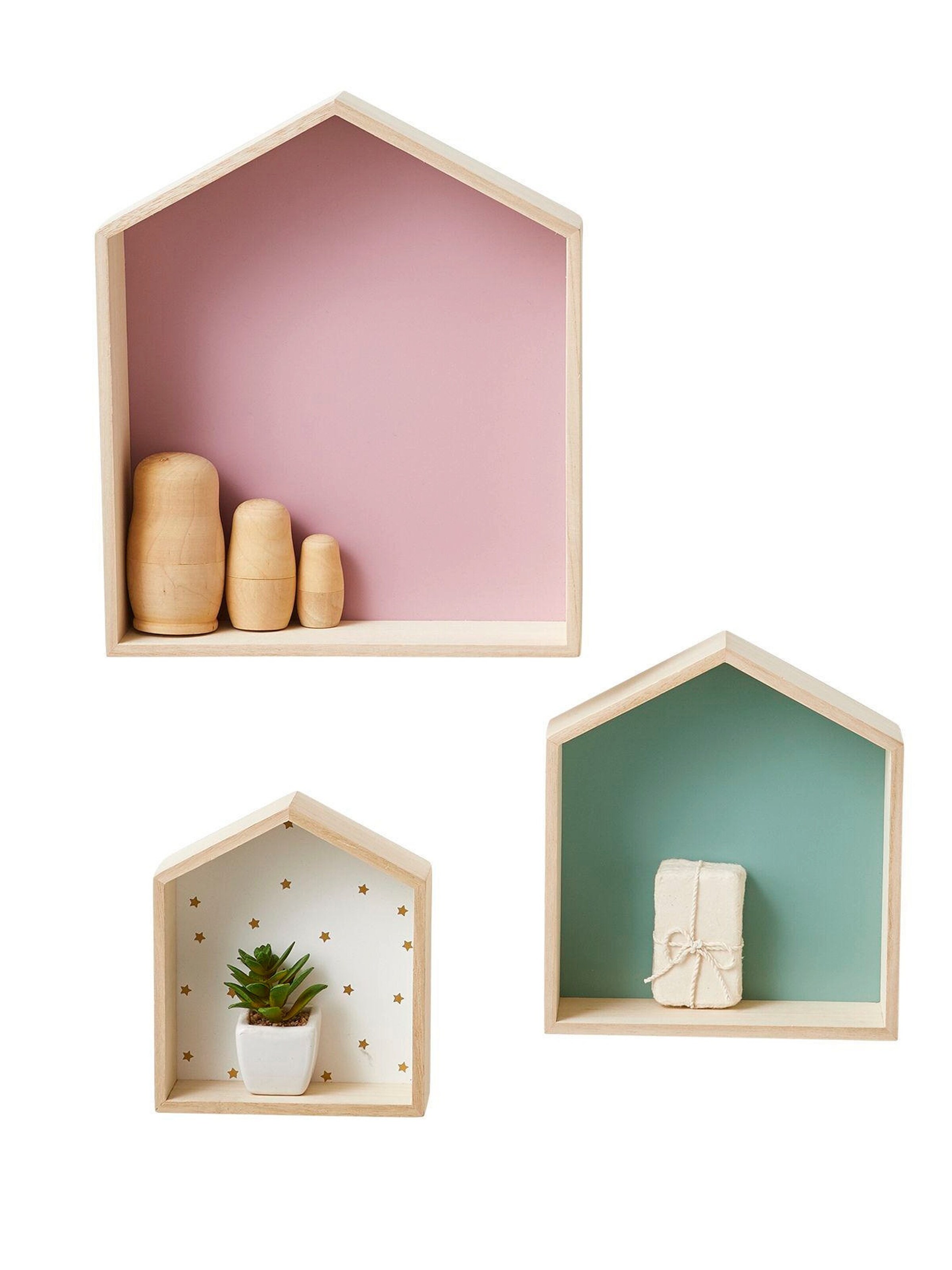 Vertbaudet Kinderzimmer 3er-Set Wandregale in Hausform, Setzkasten rosa