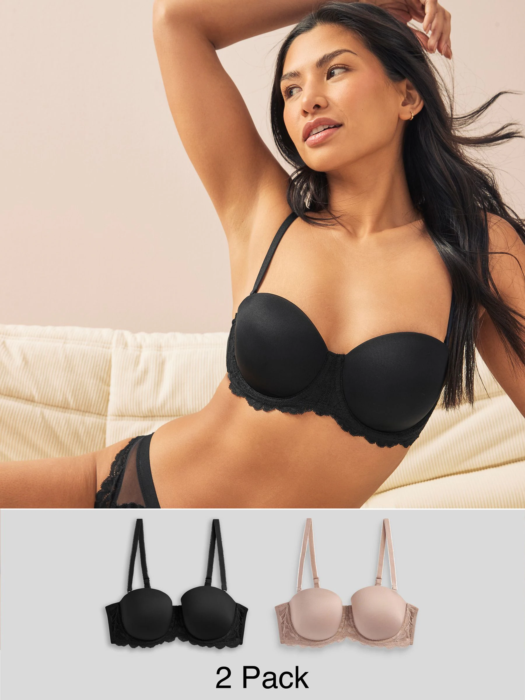 Zwart/praline huidskleur - Verpakking van 2 strapless multiway beha's met lichte vulling in cupmaten A-E