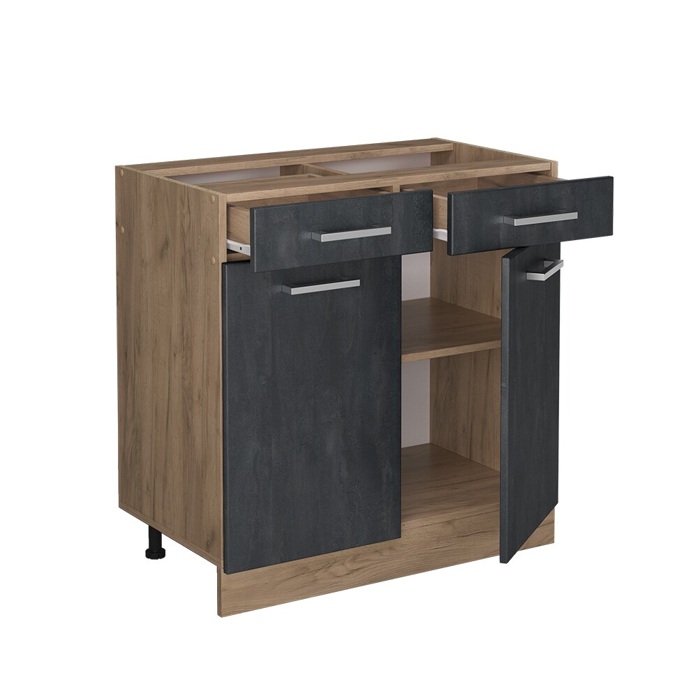 Vicco Schubunterschrank R-Line Schwarz Beton Eiche 80 cm mit Arbeitsplatte Weiß Marmor