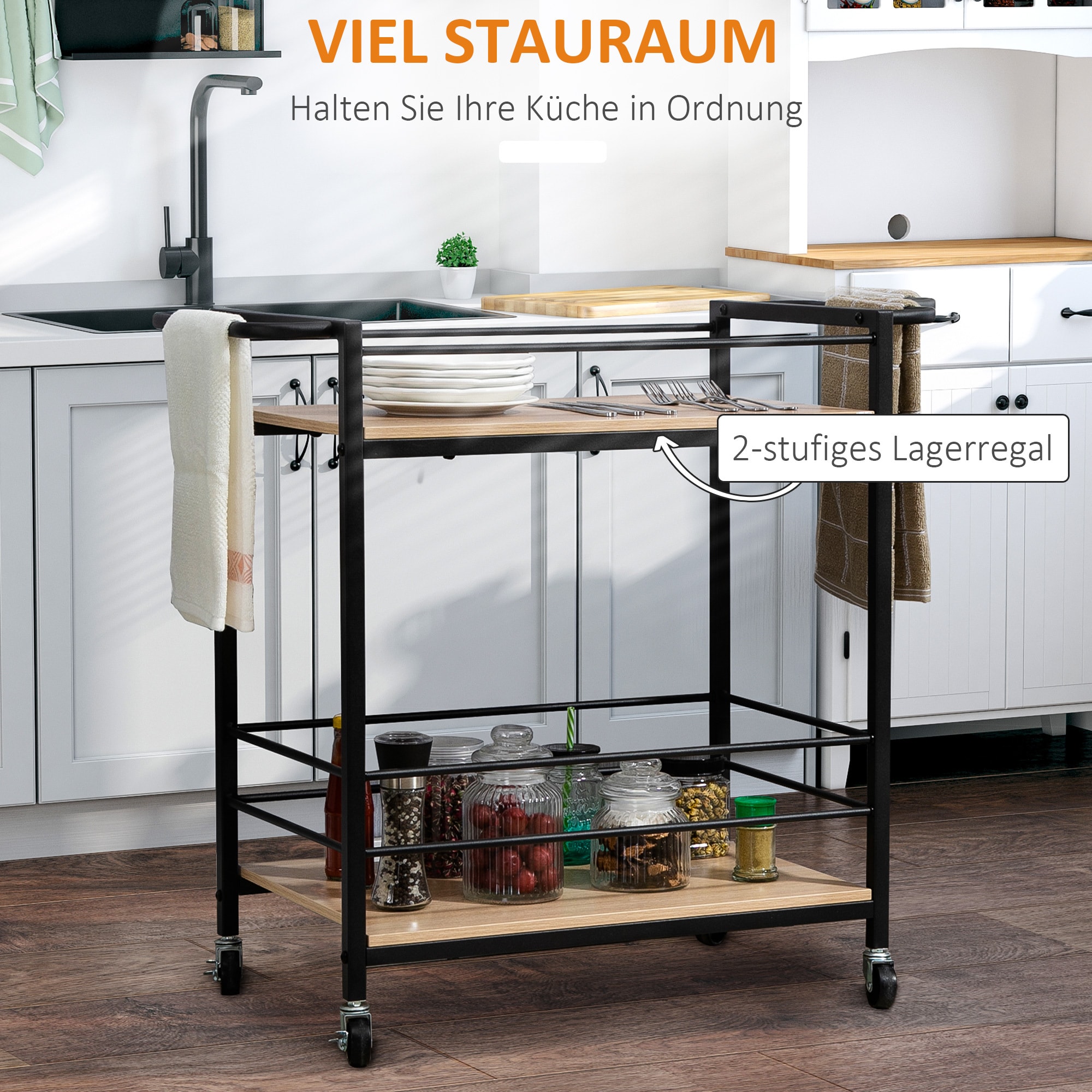 HOMCOM Küchenwagen mit Rollen natur 82L x 40B x 75H cm