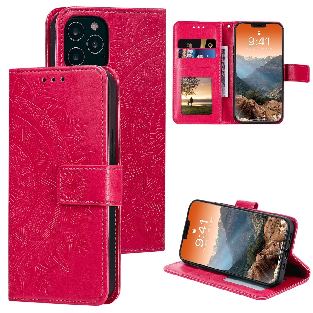iPhone 12 / iPhone 12 Pro Leder Tasche Wallet - Mandala Flowers Imprint - Rot / Pink