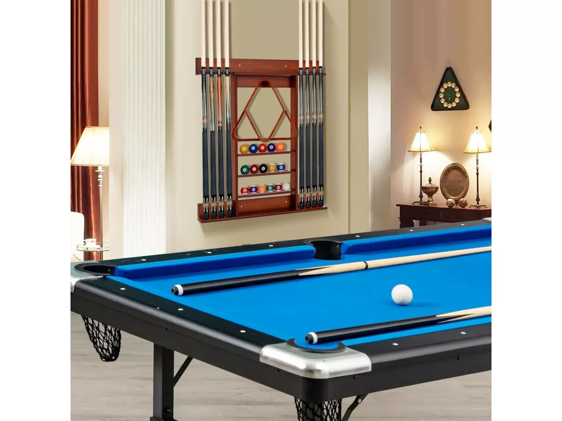 Porte-Queues de Billard Mural, Support de Billard 8 Queues et Rainures à 3 Niveaux 15 Porte-balles, 1 Porte-boules en Bois de Pin pour Salle de Billard, Club (Marron)