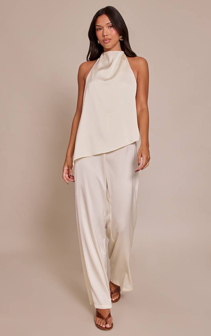 Crème Combinaison-pantalon Satinée Drapée À Col Licou Et Jambes Larges