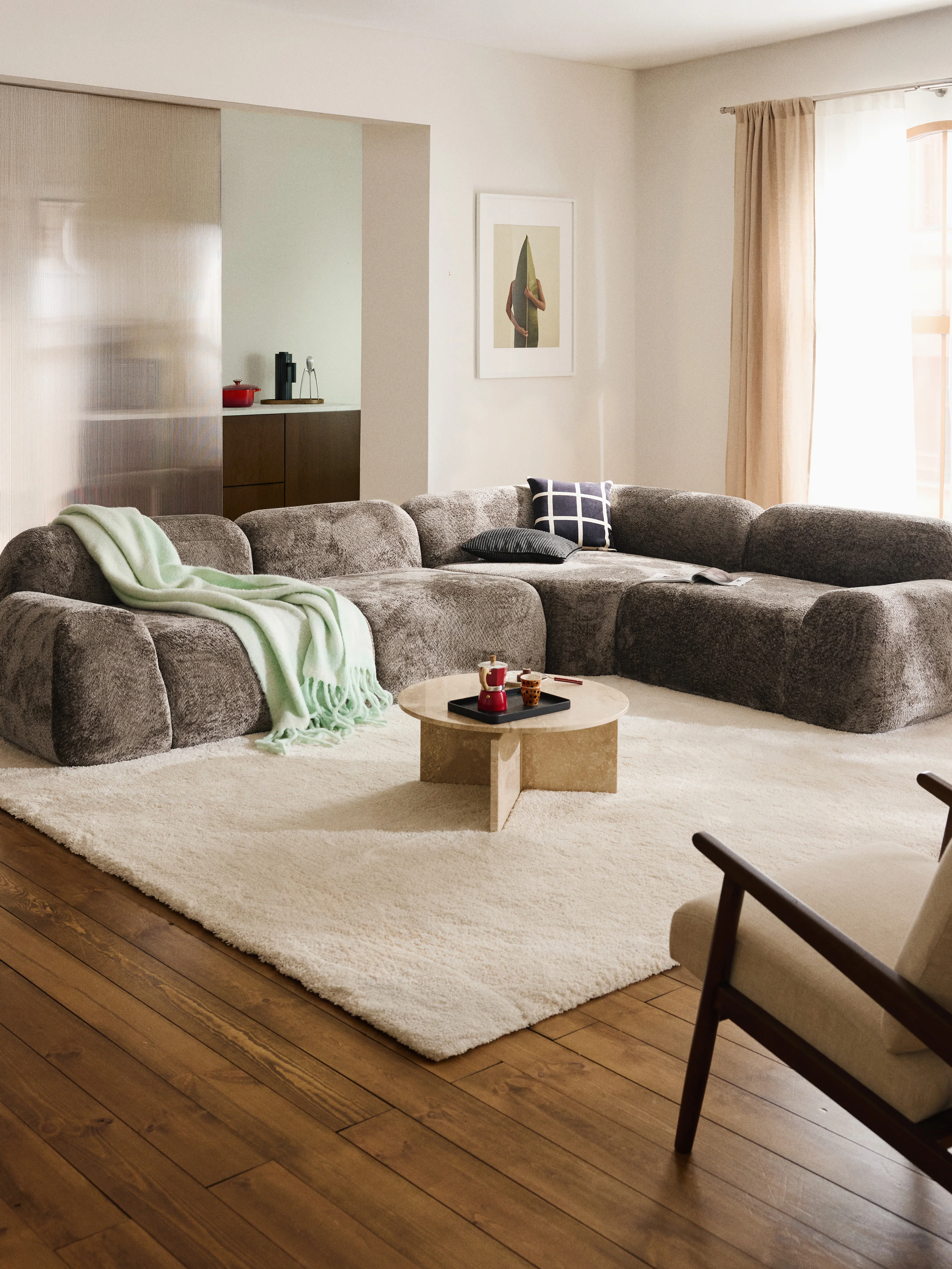 Modulaire hoekbank Wolke (4-zits) van teddy-bouclé