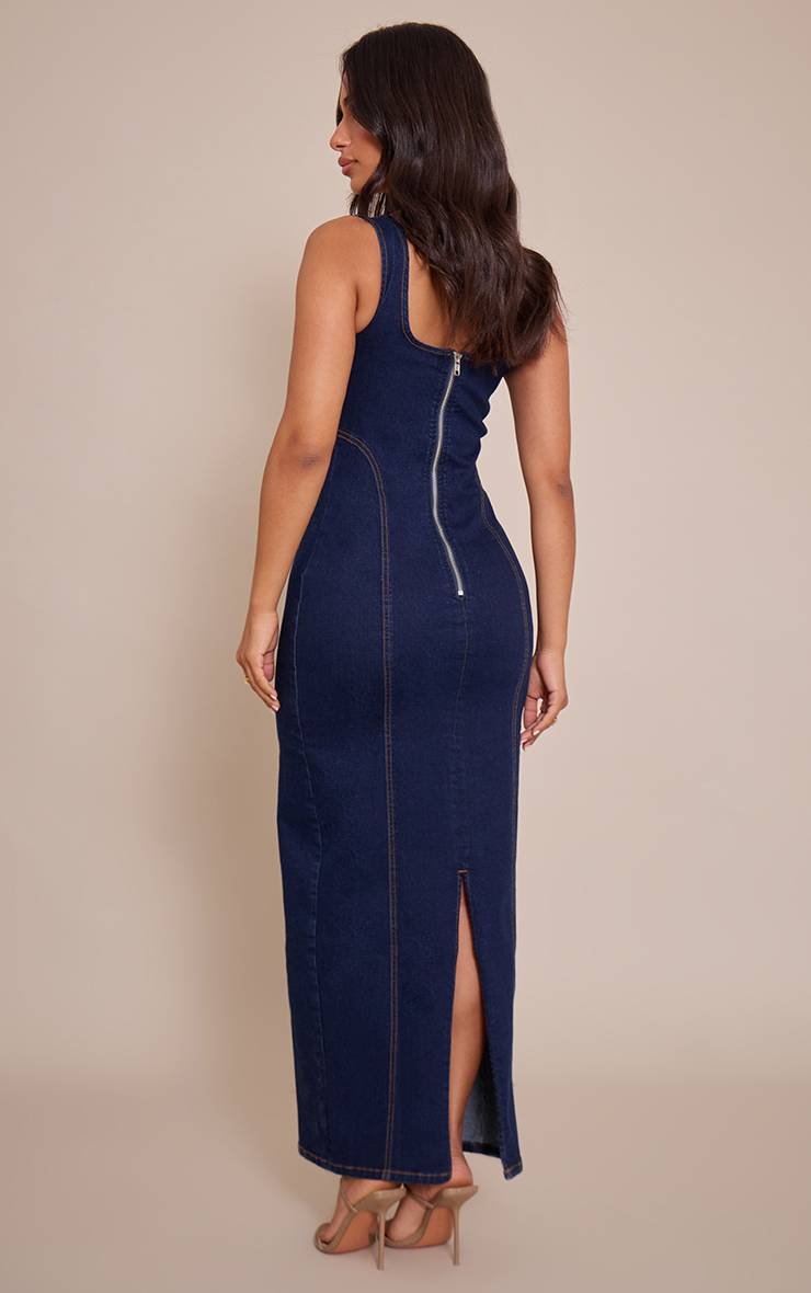 Bleu Indigo Robe Maxi Moulante En Denim Avec Détails De Coutures Petite