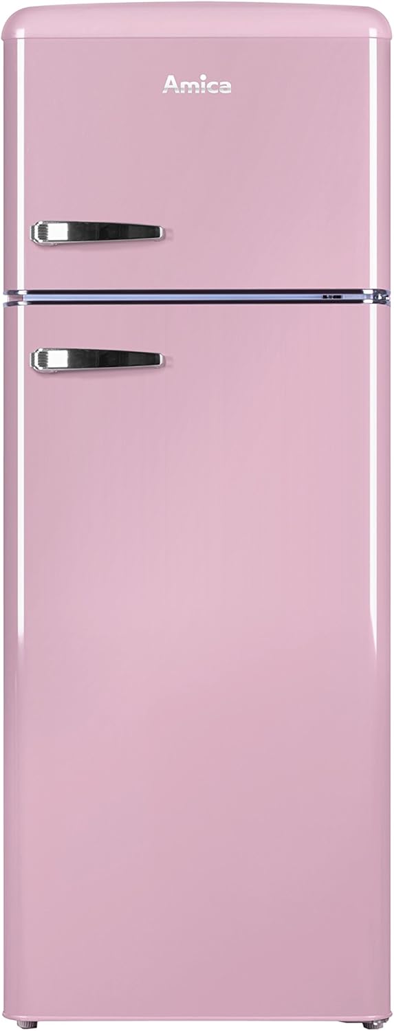 Amica KGC 15636 P Retro Kühl-/Gefrierkombination / Cupcake Pink / 144cm (H) x 55cm (B) x 62cm (T) / Retro-Design / Kühlschrank mit Gefrierfach