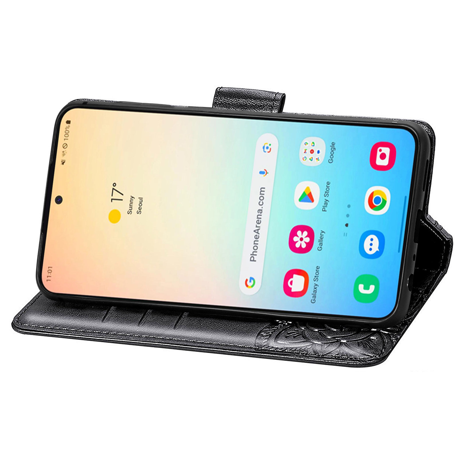 Samsung Galaxy S25 Leder Tasche Flip Cover Schmetterlinge Imprint - Schwarz