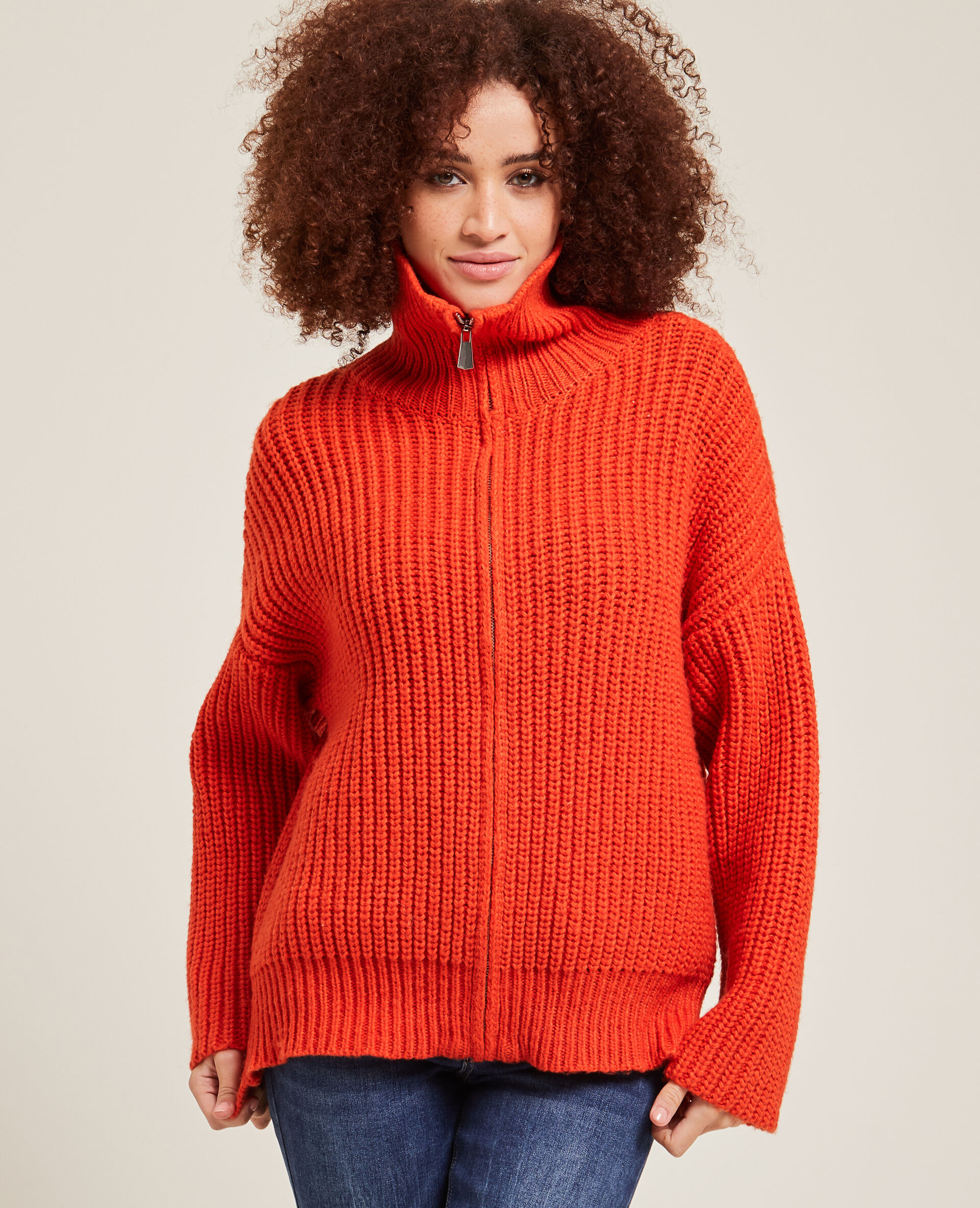 Gilet zippé grosse maille - Orange