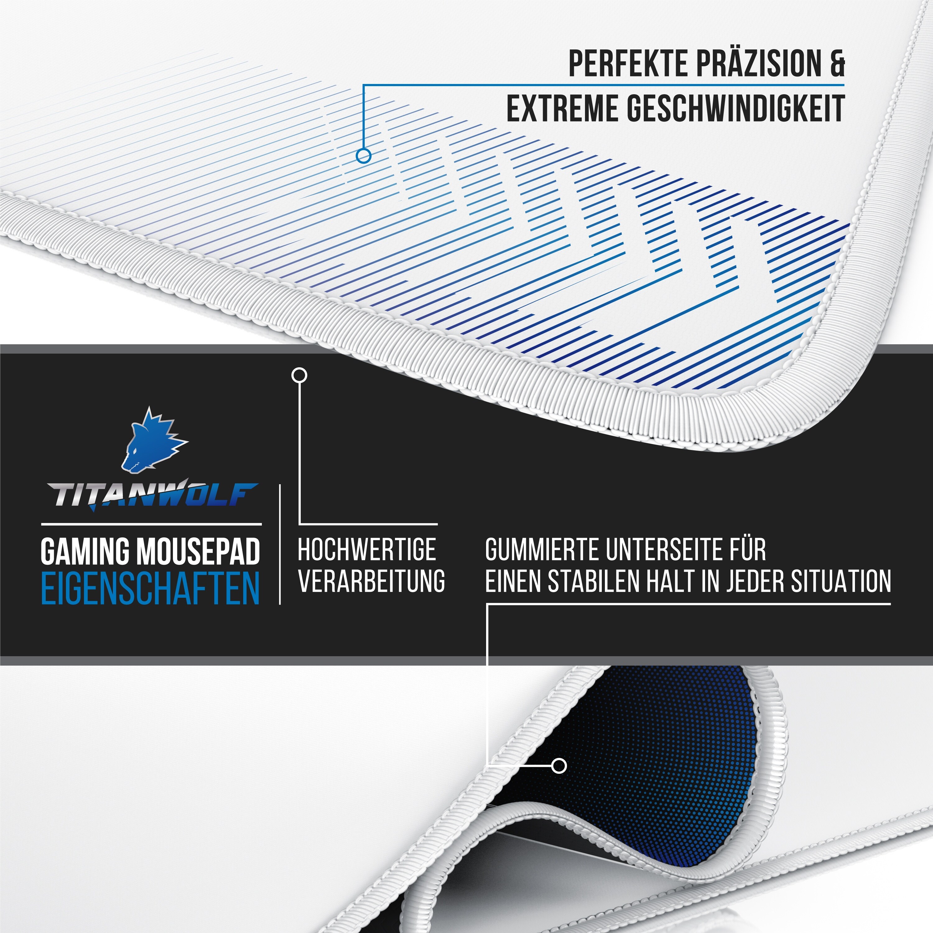 Titanwolf Gaming Mauspad, XXL Speed Gaming Mousepad / Extragroße Fläche von 900 x 400mm, weiß