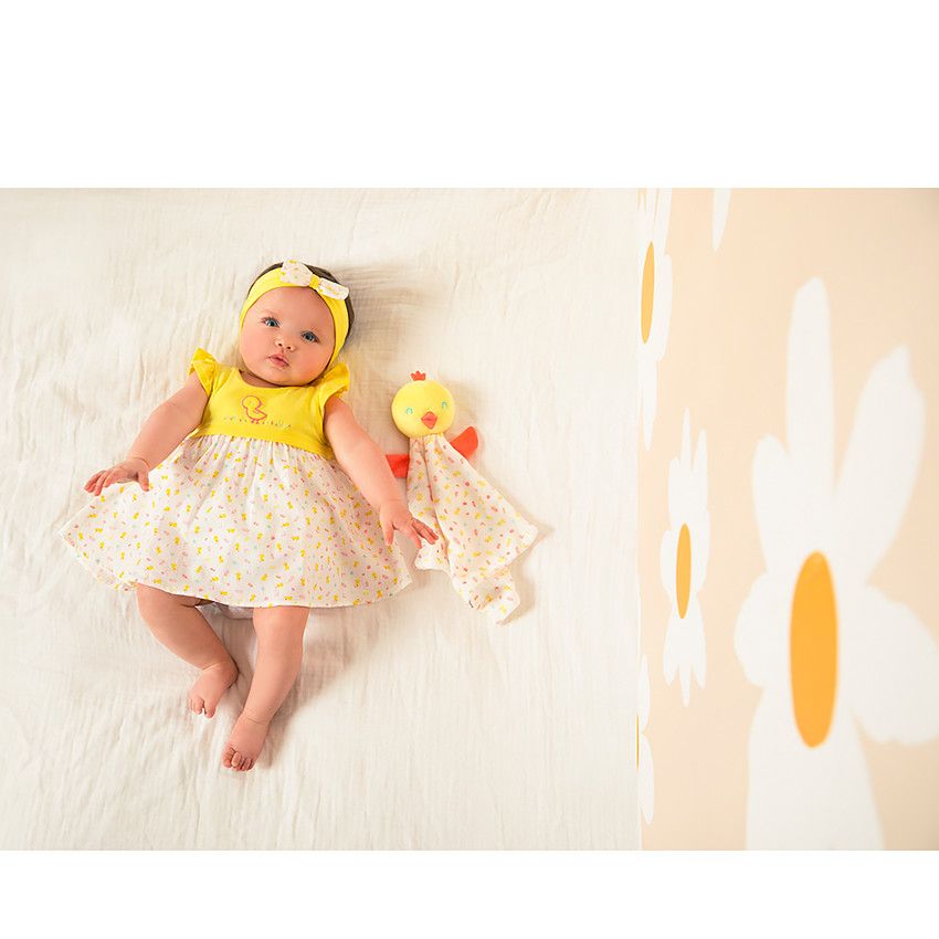 Robe 2 en 1 en jersey et voile de coton imprimé poussin pour bébé fille - Jaune