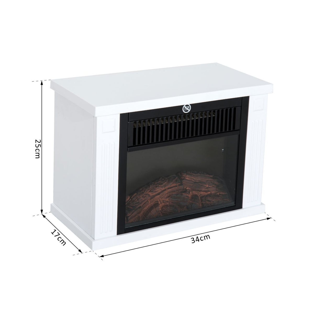 HOMCOM Elektrische Haard, 600/1200W, Vlameffect, Gehard Glas, L34 x B17 x H25cm, Kunststof, Wit