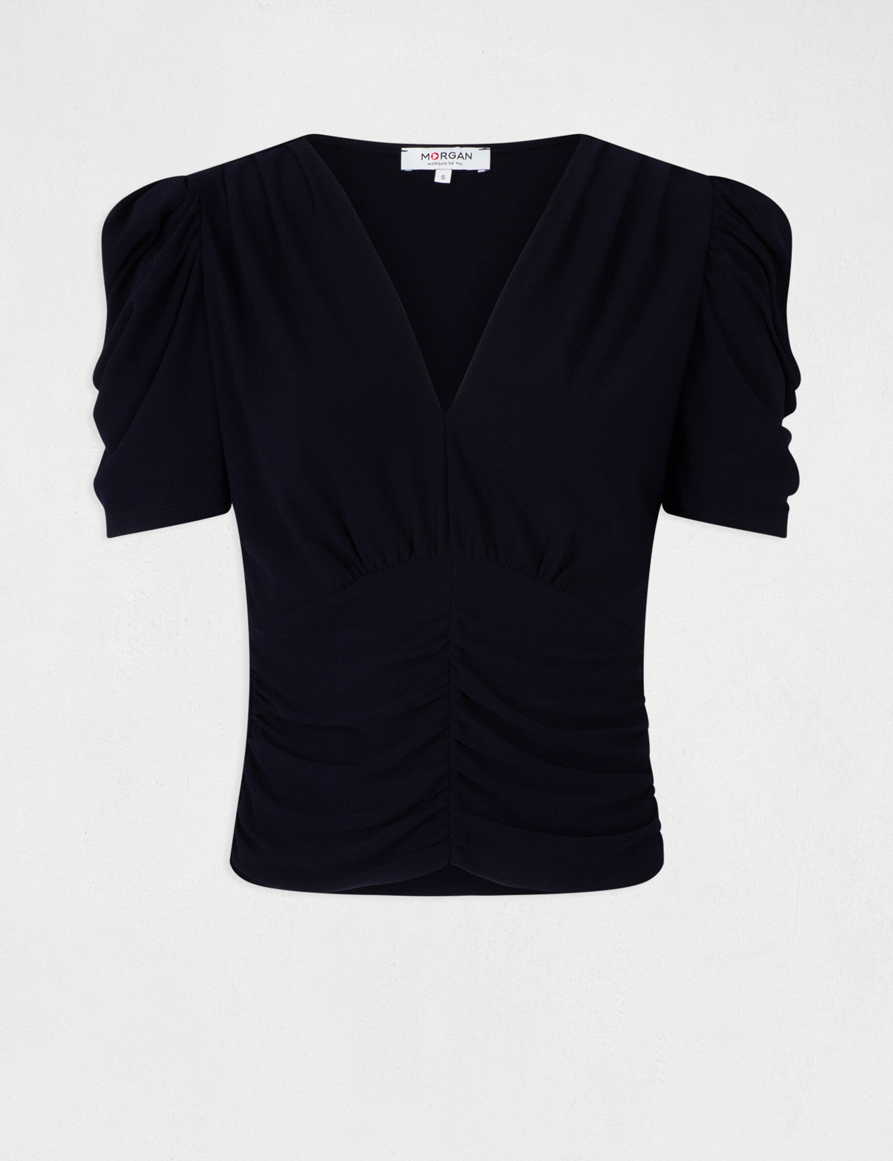 T-shirt manches courtes froncé marine femme - marine