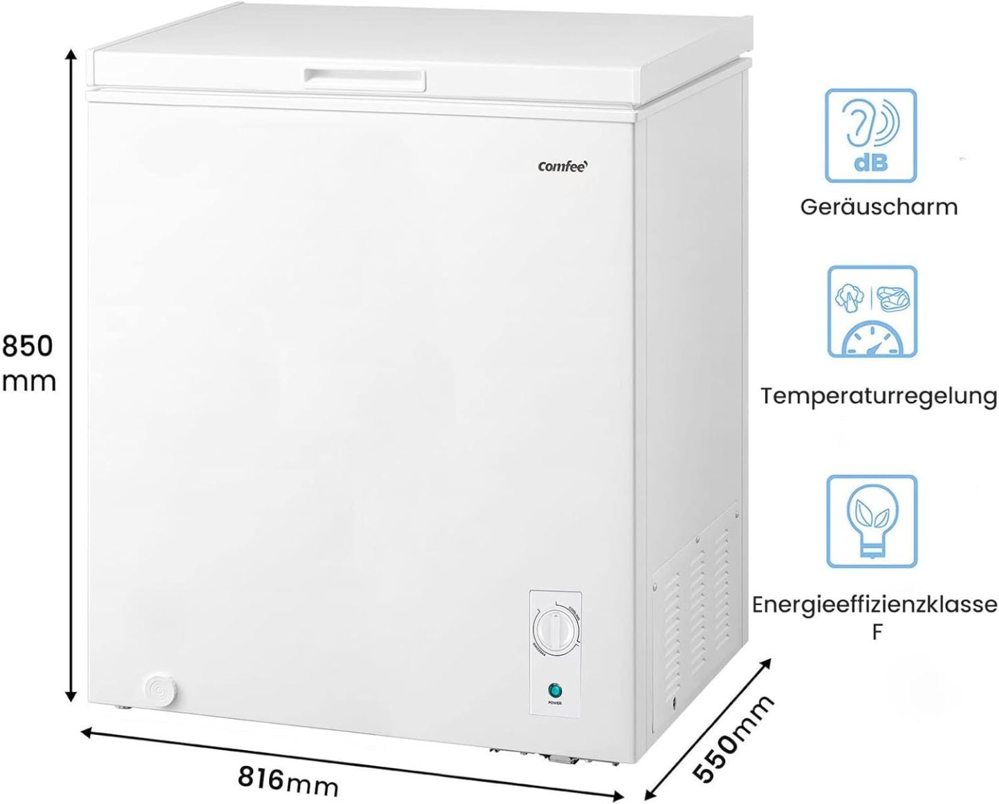Comfee RCC100WH2(E) Gefriertruhe/169 kWh/Jahr/85cm hoch/99L/38dB/Geringe Lautstärke/Hoch effizientesD-förmigesRohr/Geeignet für verschiedene Einsatzszenarien/Einstellbarer Temperaturregler/Weiß