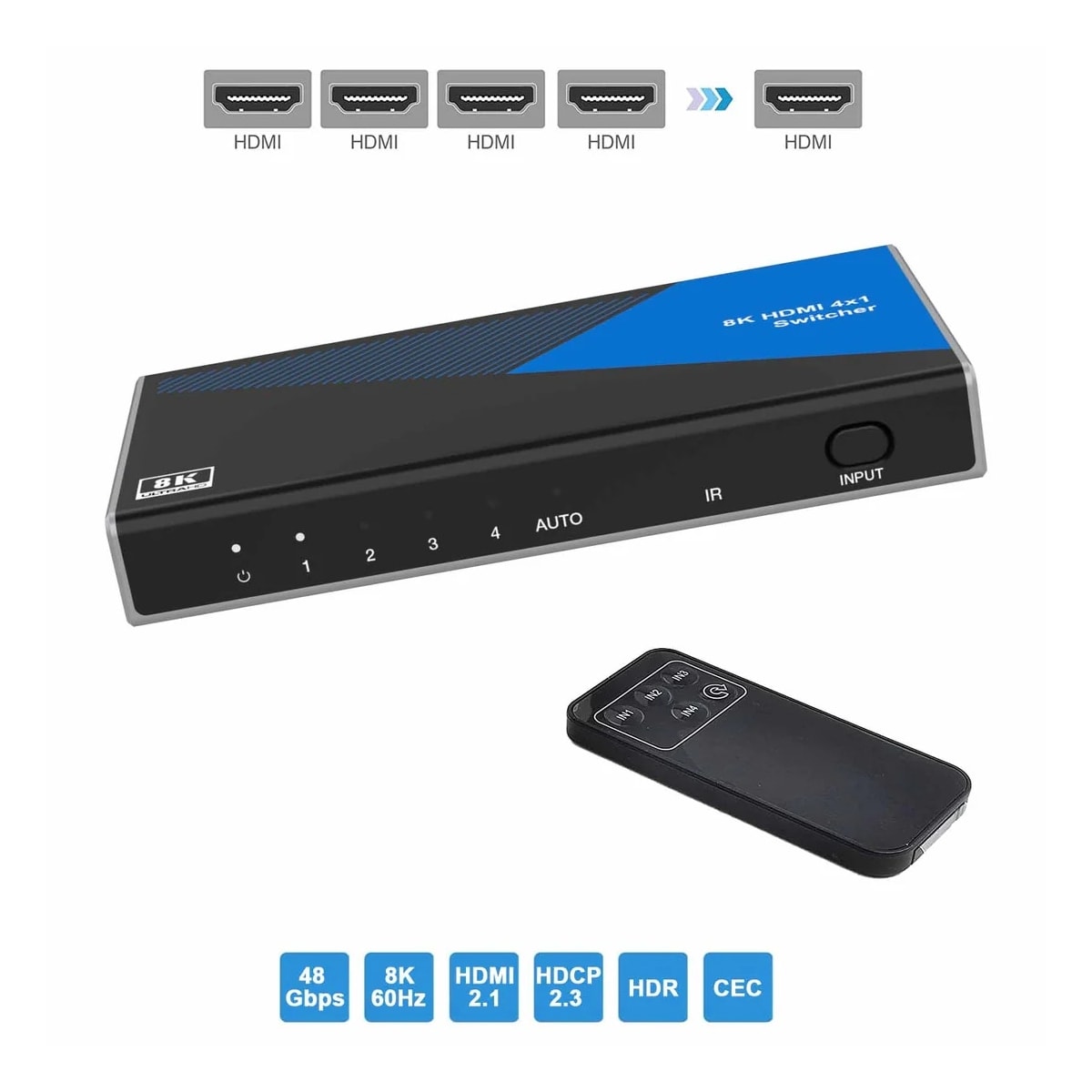 NÖRDIC HDMI 2.1 Switch 4 til 1 8K60Hz 4K120Hz CEC HDR Dolby Atmos, True HD, Digital Plus, DTS-HD Master