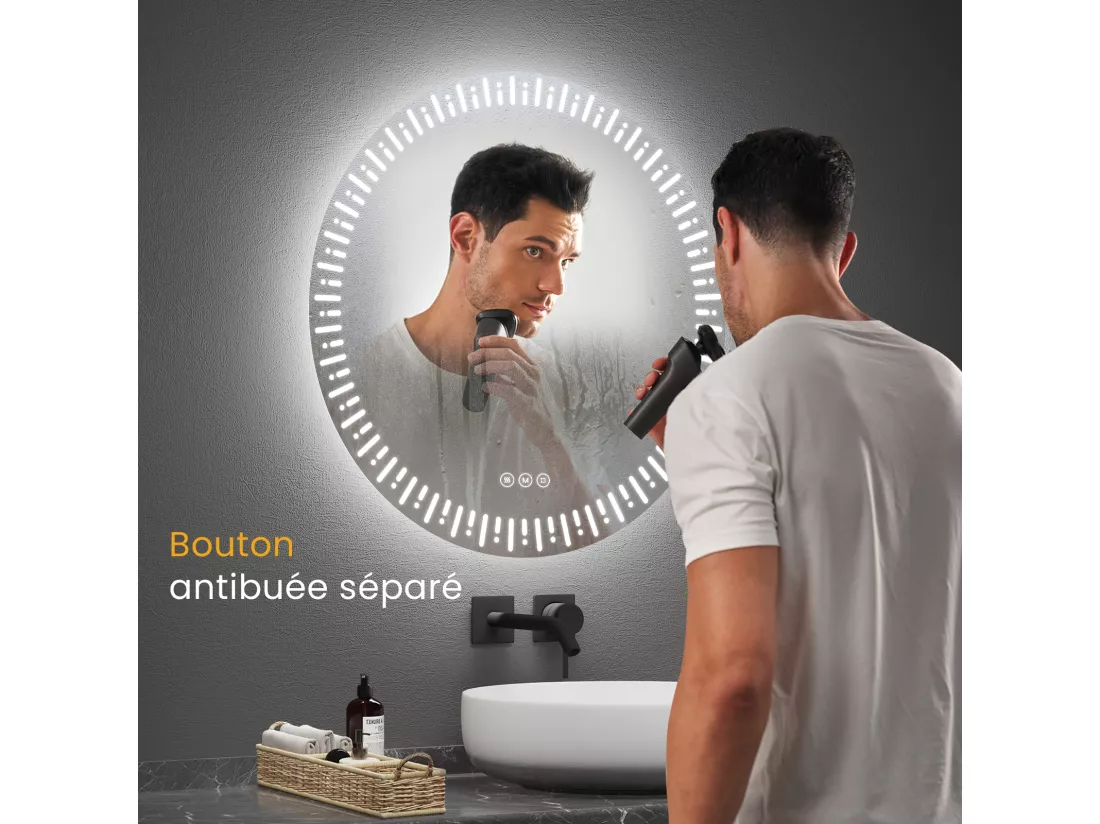EMKE Miroir led salle de bain ф50 cm Miroir salle de bain lumineux avec 3 Couleurs de lumière réglables+Anti-buée, Économie d'énergie miroir led