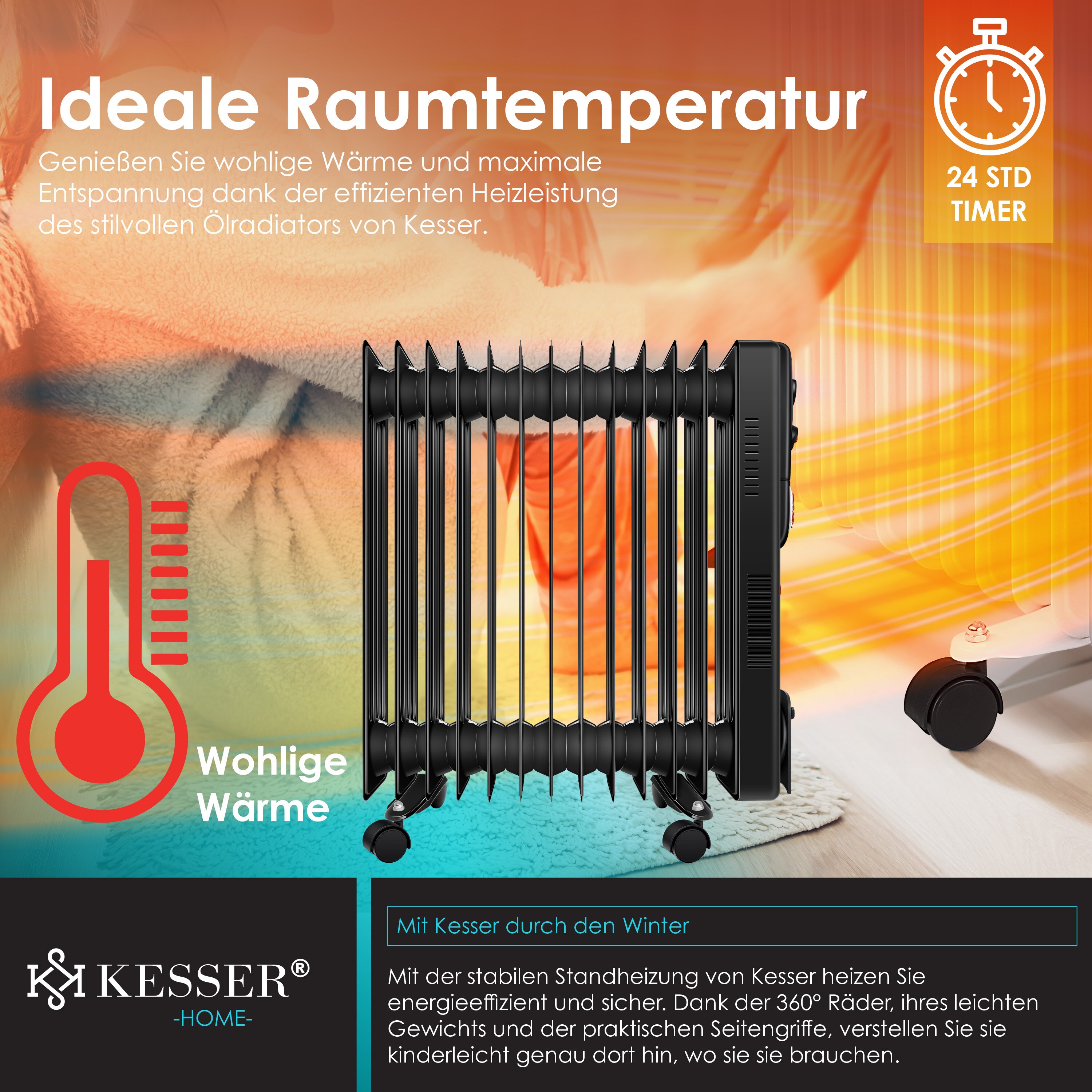 KESSER® Ölradiator - Elektrische Heizung2500W Öl RadiatorElektroheizung Mobil Timer Lüfter Abschaltautomatik stufenlose Temperaturregelung Überhitzungsschutz