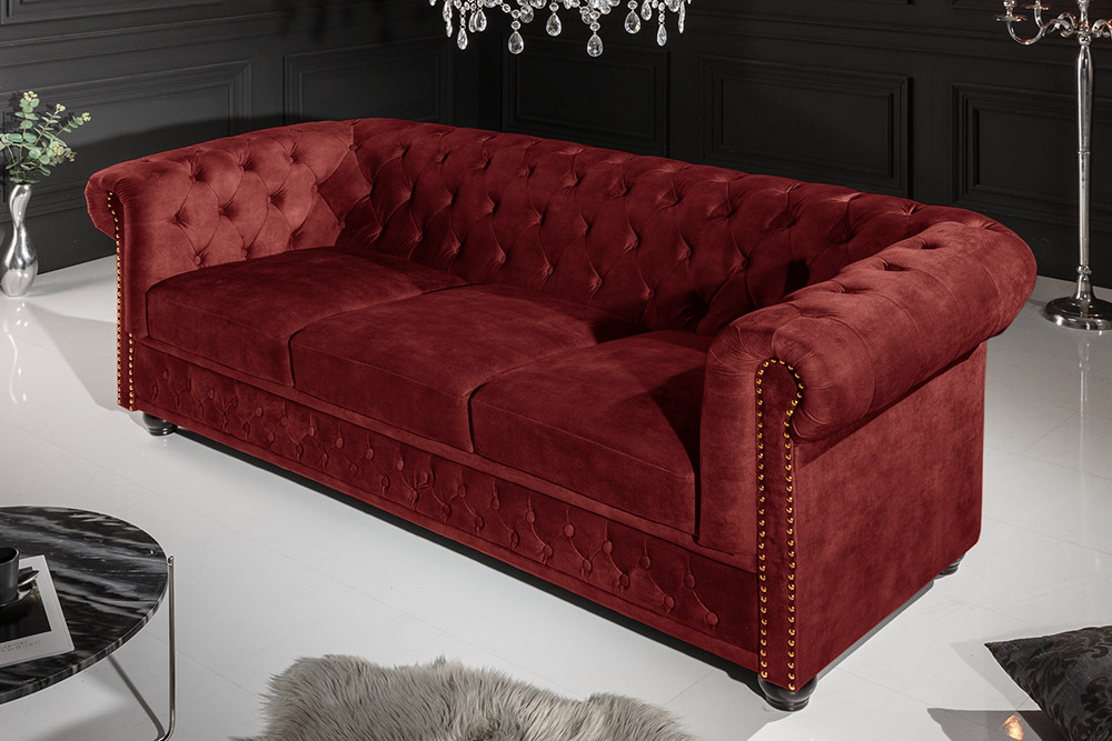 Barock Sofa CHESTERFIELD 205cm rot Samt Federkern Knopfheftung 3-Sitzer Couch