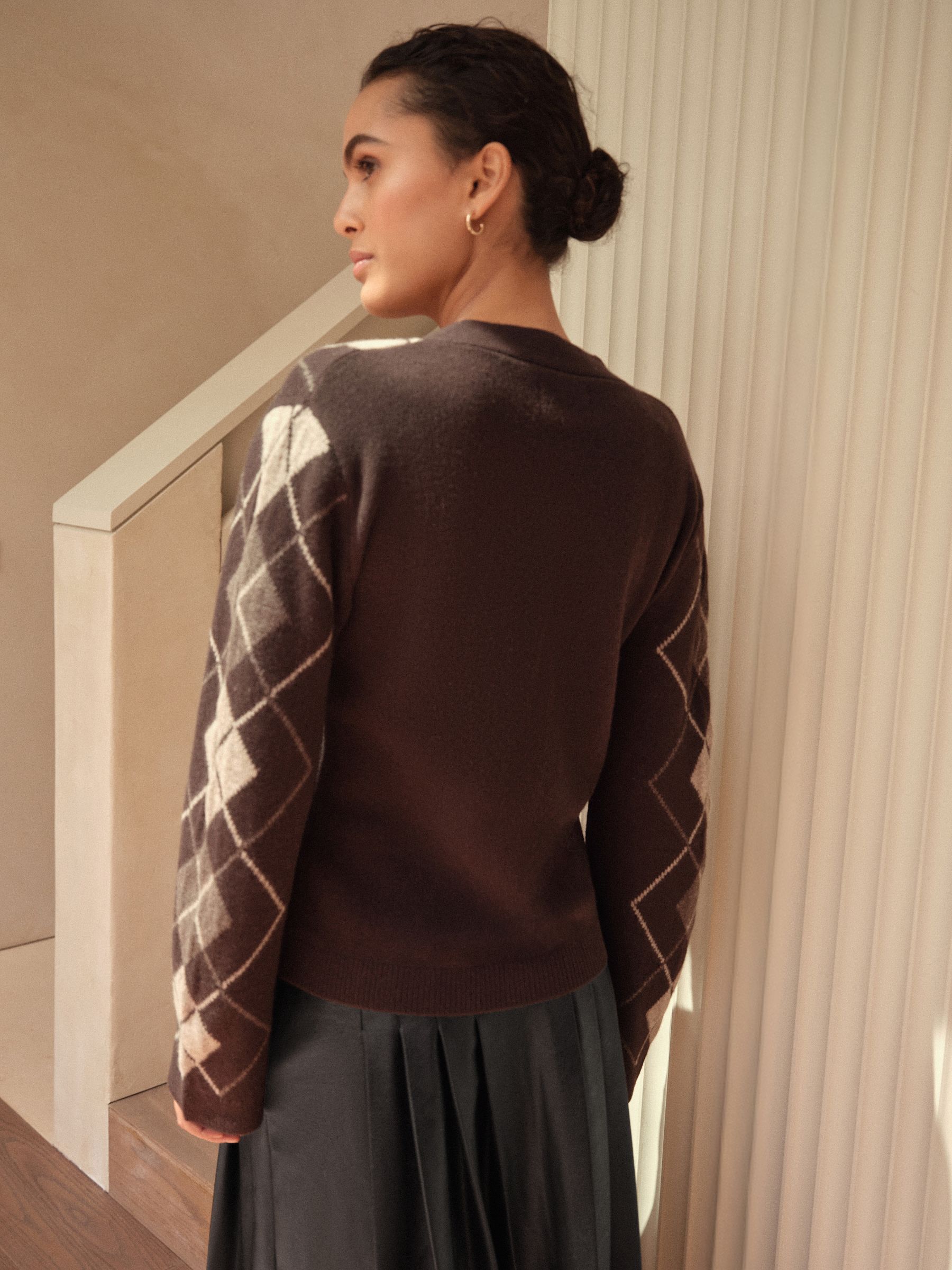 Chocoladebruine Argyle-patroon - 100% merinowollen N. Premium vest