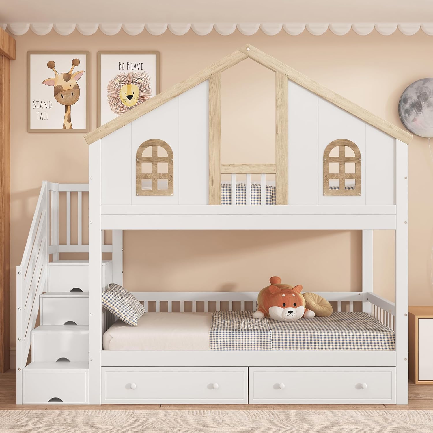 Kinderbett 90x200 cm, Etagenbett mit 2 Schubladen, Treppe mit 4 Ablagefächern, Stockbett für 2 Kinder, Holzbett mit Fenster Fallschutzgitter, Weiß+Natur, ohne Matratze