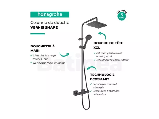 Colonne de douche thermostatique HANSGROHE Vernis Shape 230 EcoSmart noir mat + tablette AddStoris