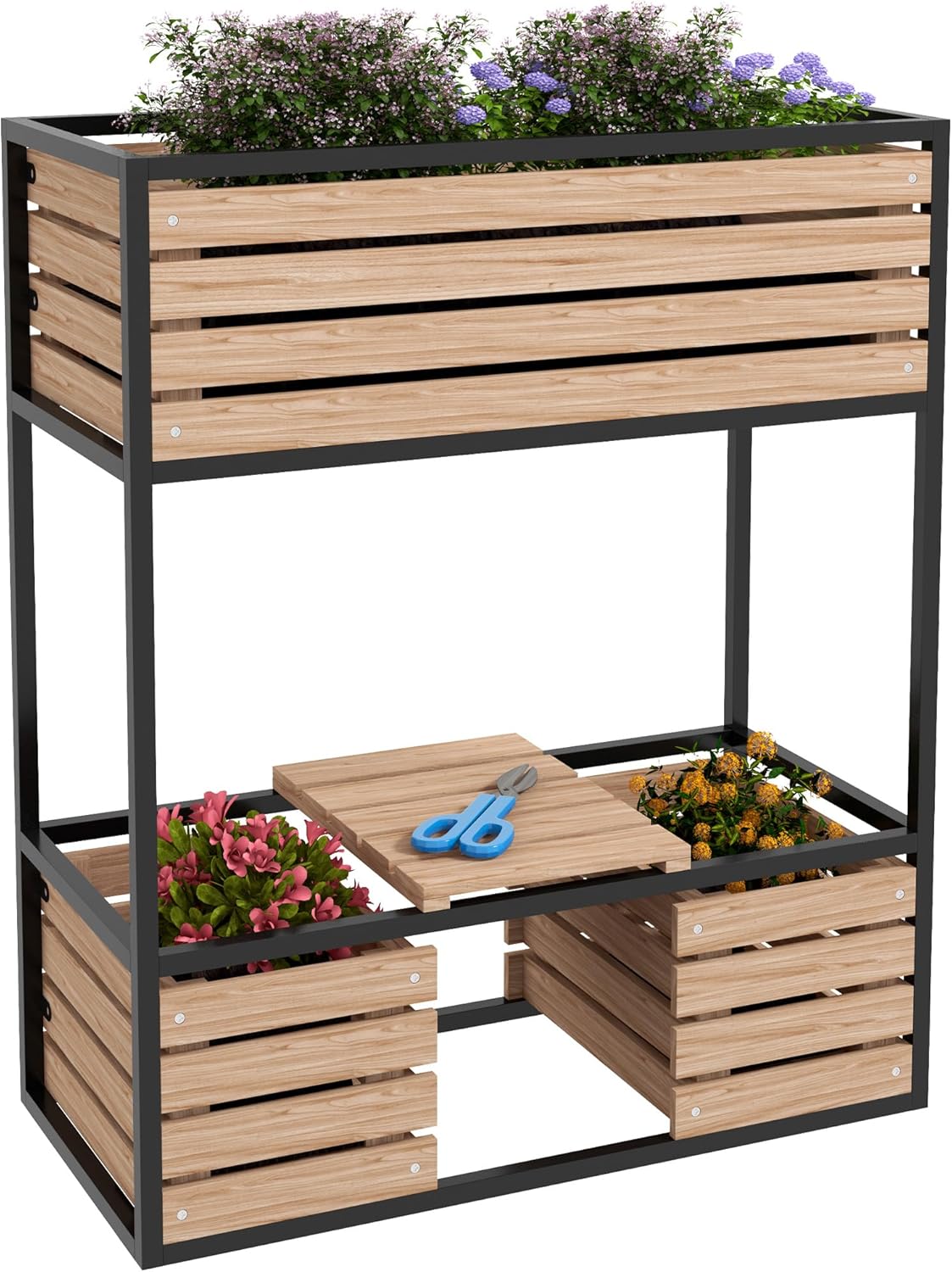 Outsunny Hochbeet aus Holz, 2-Stufiger Blumenkasten mit Ablage, Erhöhtes Gemüsebeet mit Innenvlies, Kräuterbeet für Garten, Balkon, Hellbraun, 83 x 39 x 100 cm