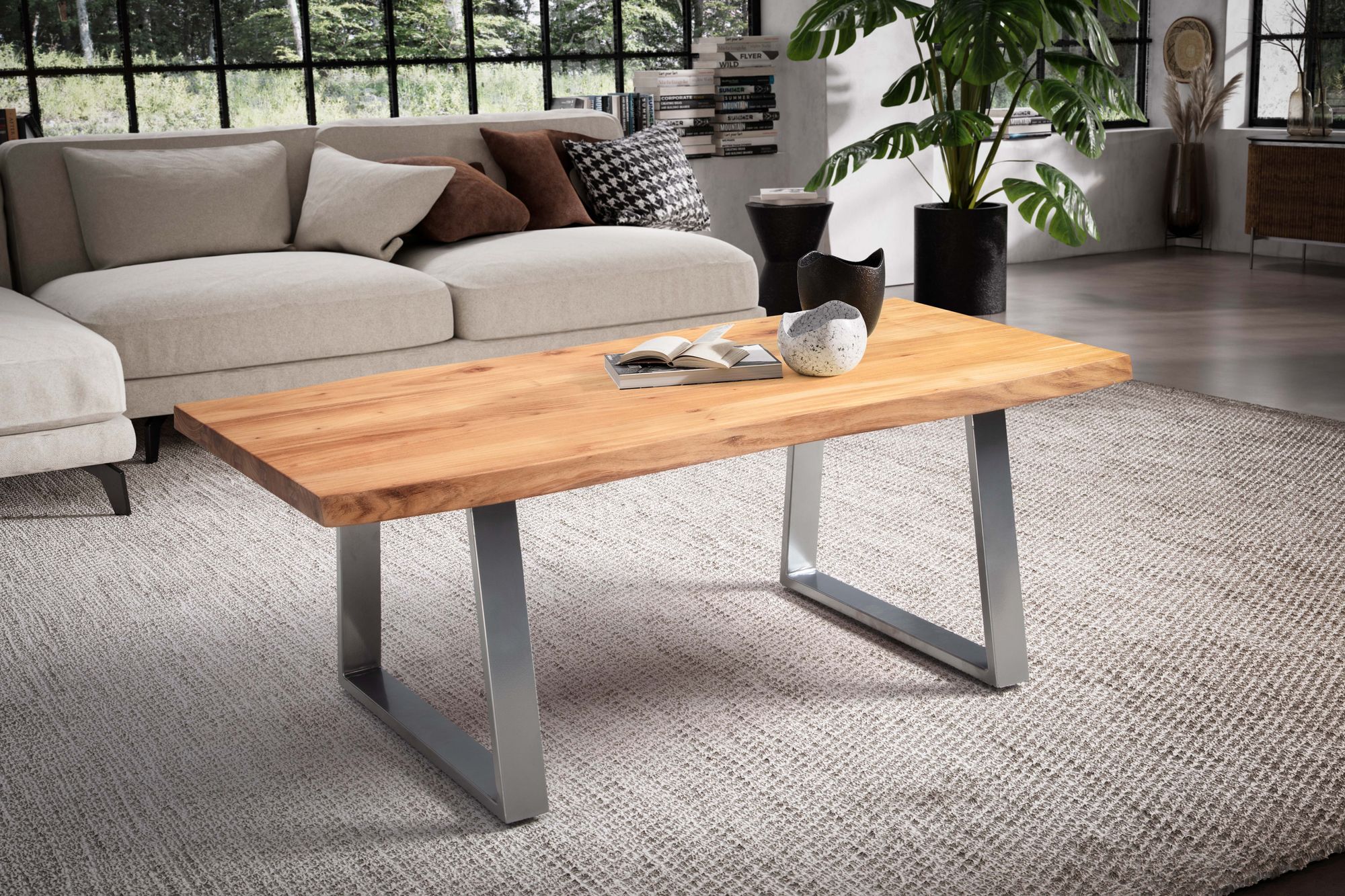 Couchtisch FineBuy Sofatisch 120 cm Massivholz Chrom Wohnzimmertisch Baumkante