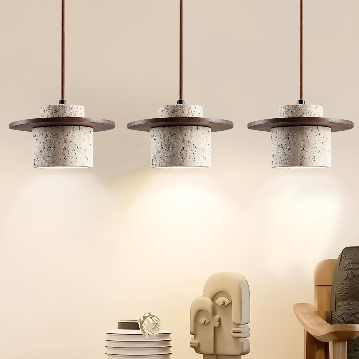 Pendelleuchte im japanischen Stil Wabi Sabi Pendellampe E27 nordischer Marmor Kronleuchter Schirm aus Naturstein einfache Hängeleuchte für Esszimmer Nachttisch Kücheninsel Flur(3PC)