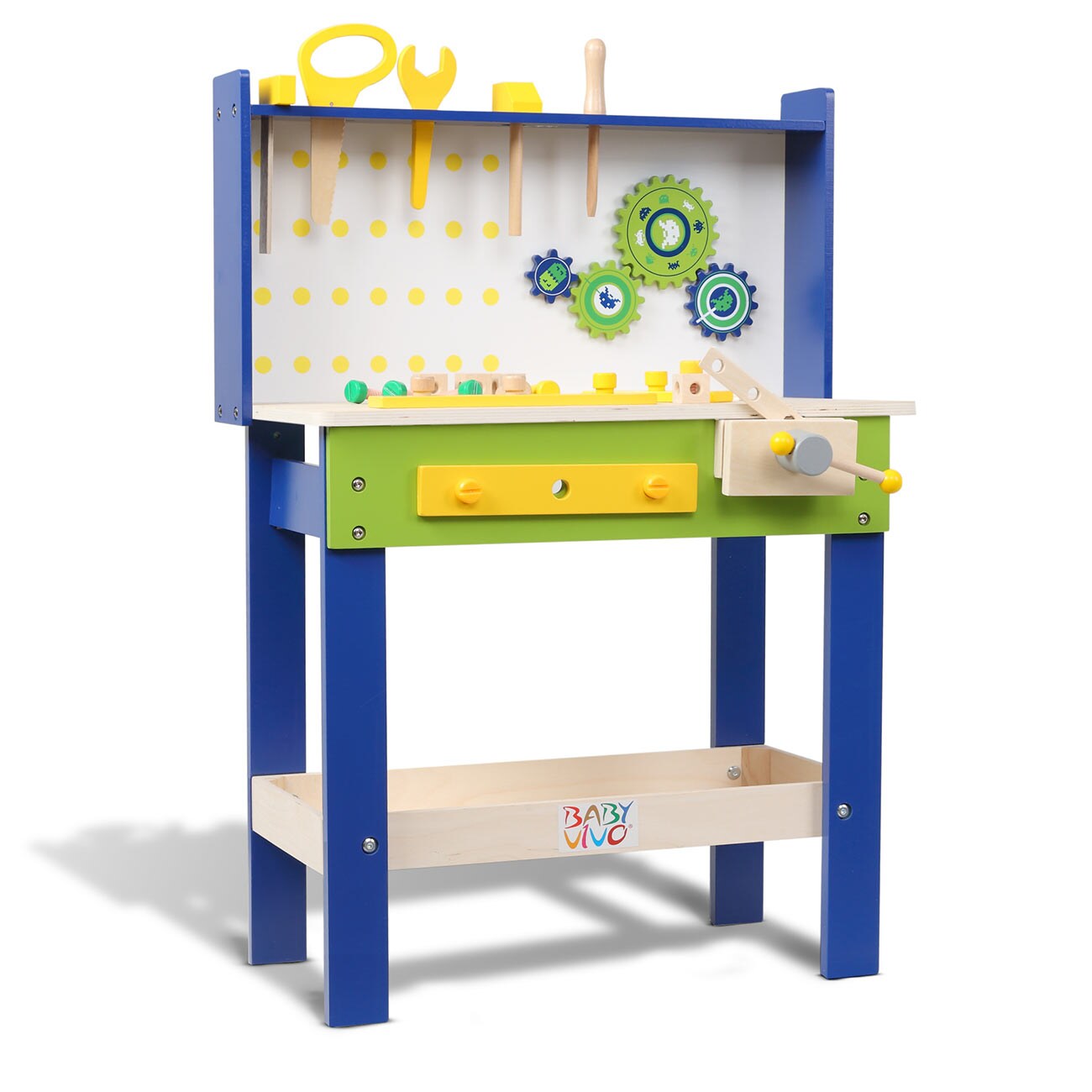 Baby Vivo Spielwerkbank / Werkbank für Kinder aus Holz - Luigi mit drehbaren Zahnrädern und 29 Teilen Zubehör