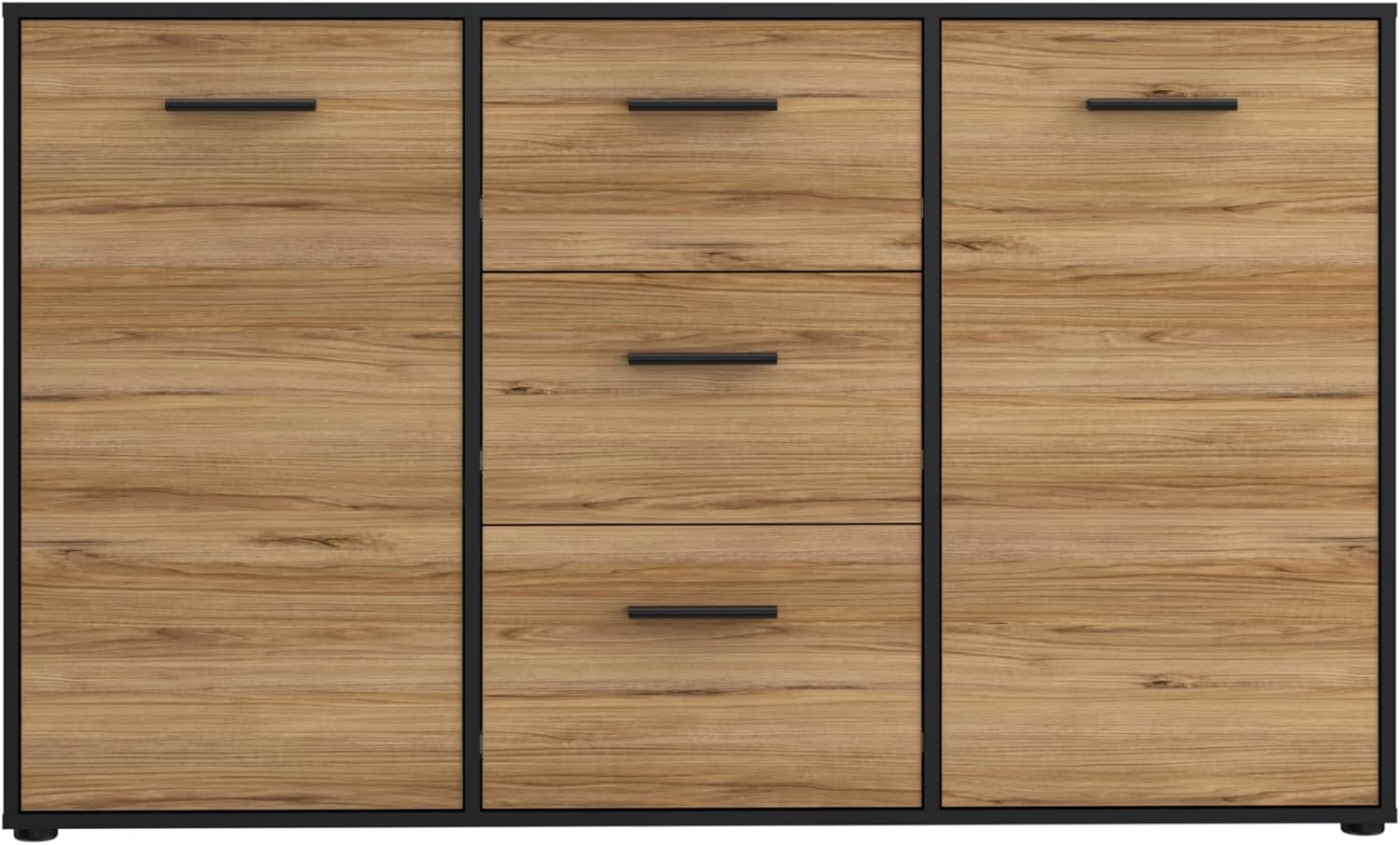 Forte MOKKARO Sideboard mit 3 Schubladen und 2 Türen, Holzwerkstoff, Catania Eiche/Schwarz, B x H x T: 141,2 x 84,9 x 42 cm