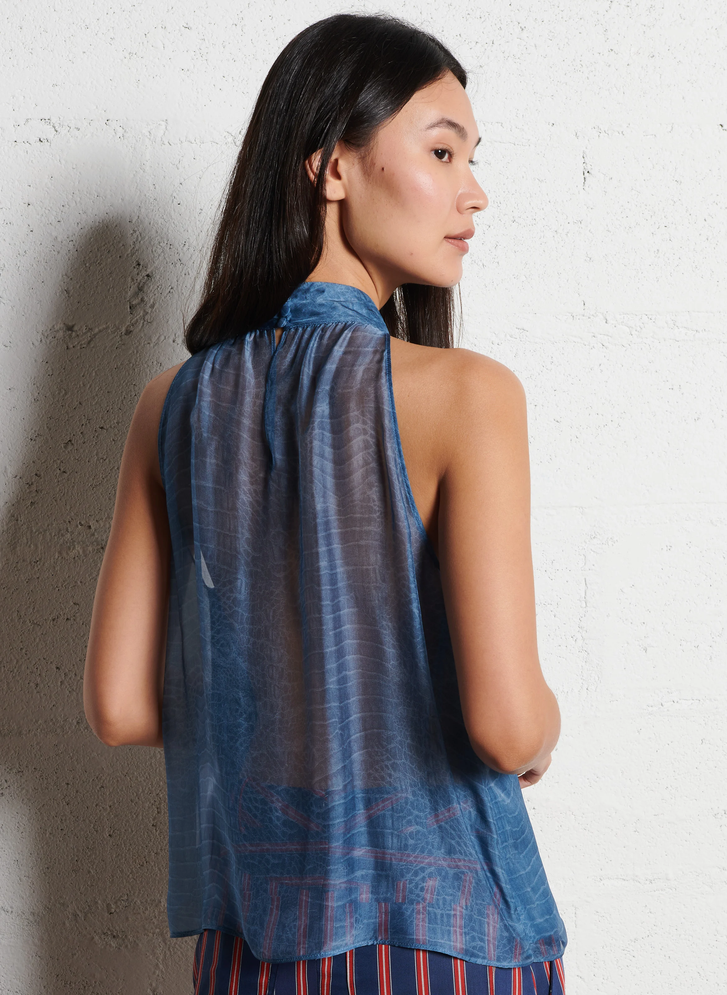 Top col rond imprimé | Bleu