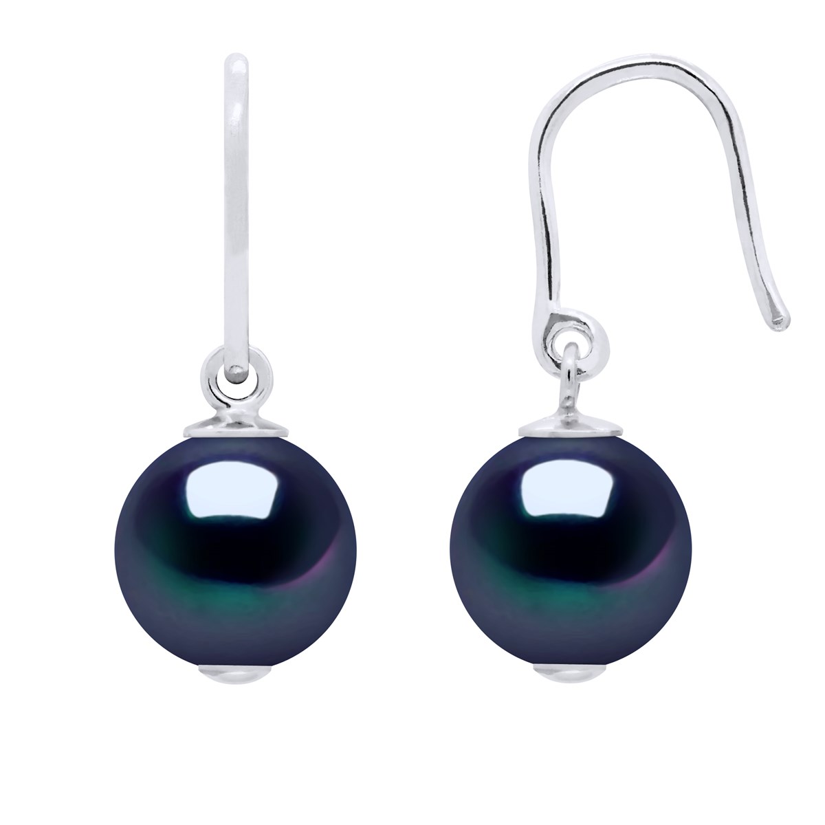 Crochets d'Oreilles Perle d'Eau Douce Rondes 8-9 mm Noires Argent 925
