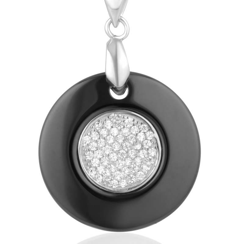 Pendentif Cercle en Céramique Noir, Cristaux Cubic Zirconia Blancs et Argent 925