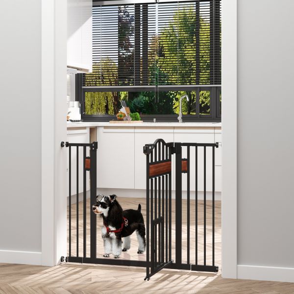 Pawhut Barreira de Segurança Extensível Portas Escadas 74-105cm com 2 Extensões de 10 e 15cm com 2 Portas e Fechadura Automática Aço Preto