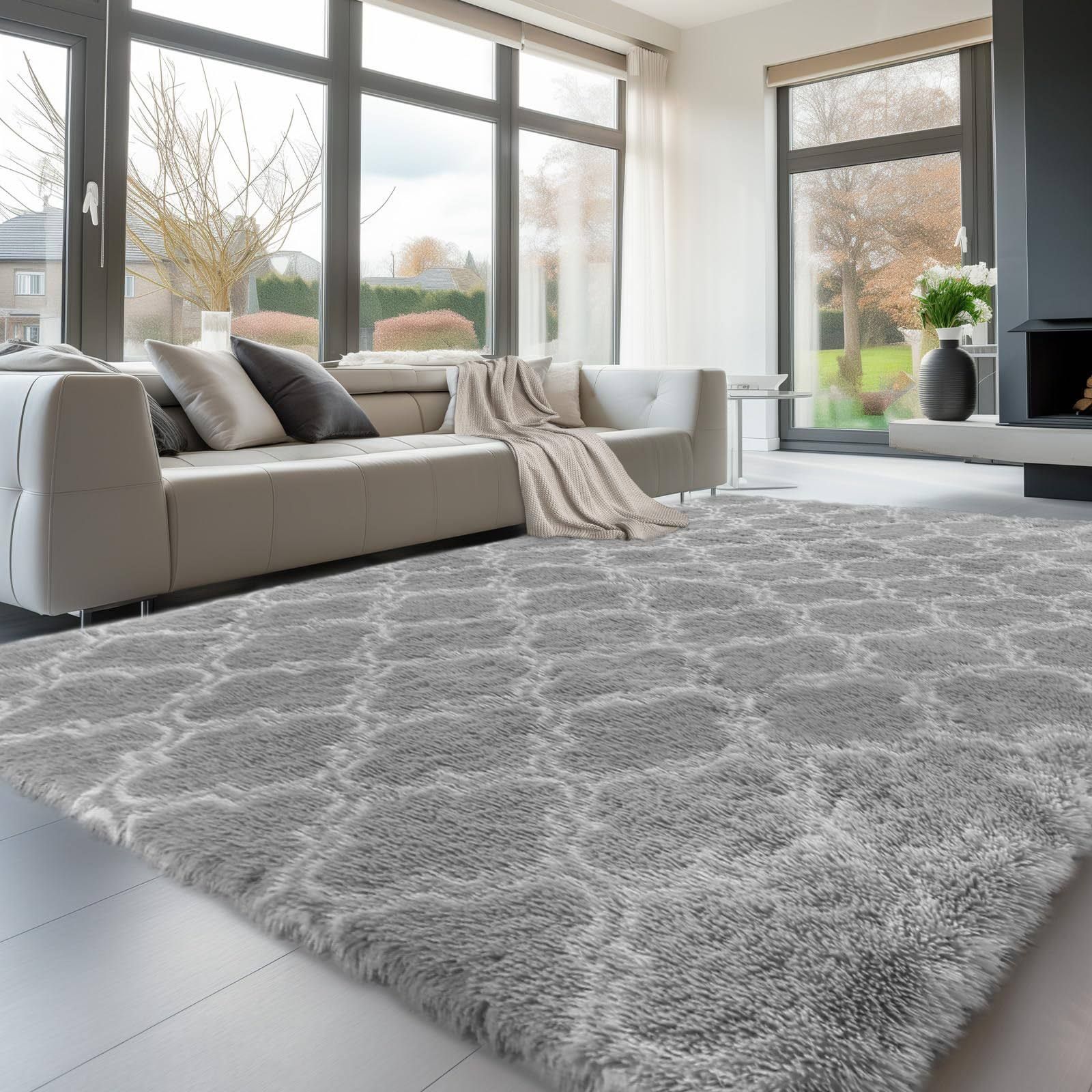 Sour Lemon Hochflor Teppich Grau Teppich Wohnzimmer 160x230 Waschbar Anti-Rutsch Extra Große Teppiche Schlafzimmer Flauschige Moderne Teppiche Matte