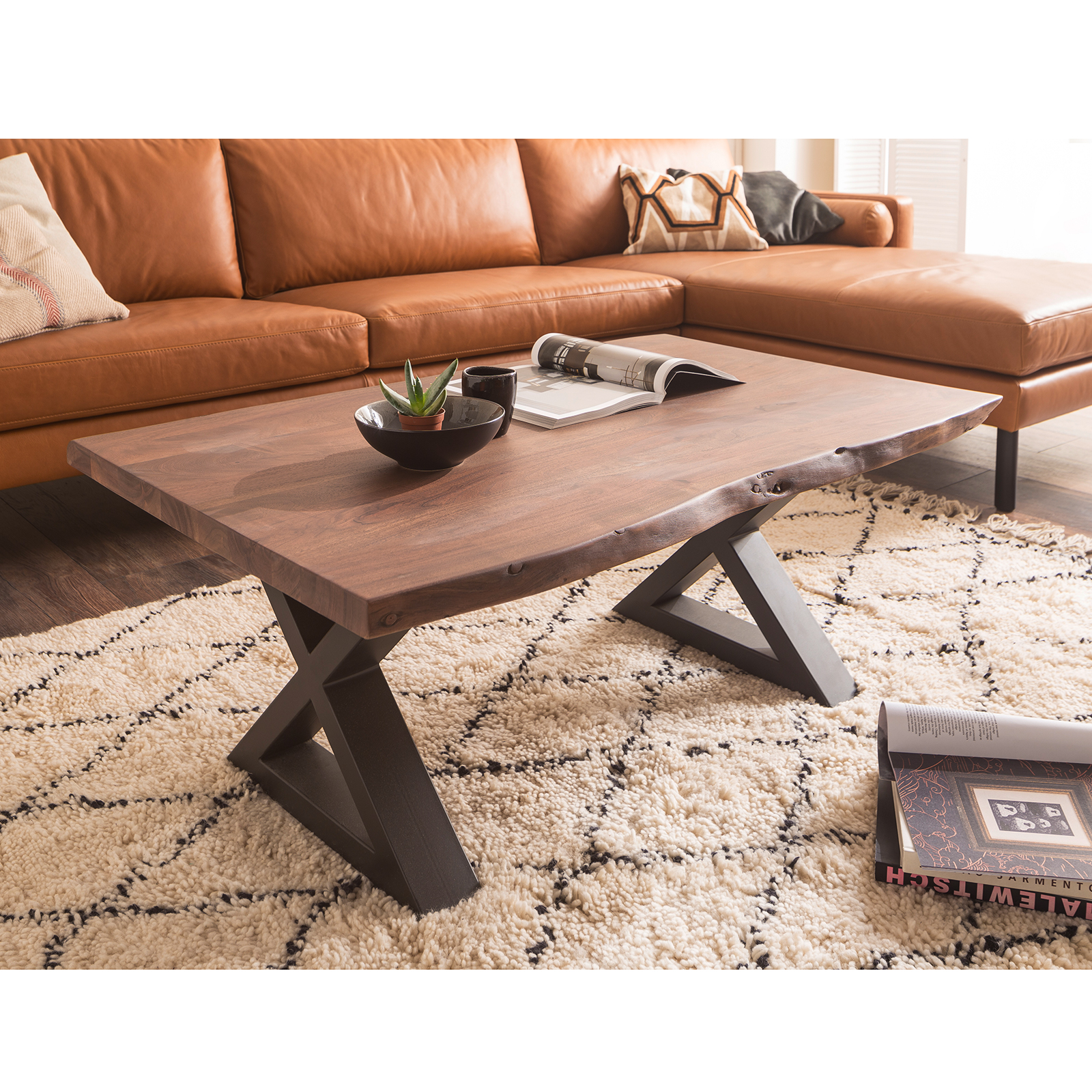 Couchtisch CARTAGENA - Akazie Walnuss-anthrazit - X-Gestell - 110x70 cm