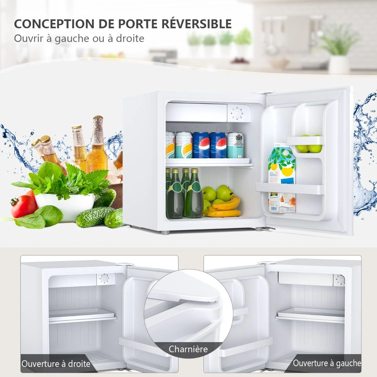 Mini Réfrigérateur 48L, 2 niveaux et porte-bouteille, bac à légumes, Silencieux 230V, 46 x 44 x 49 cm, Blanc