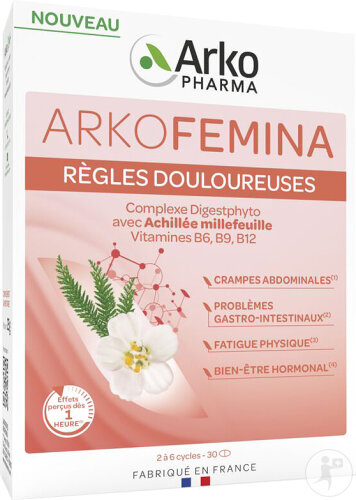 Arkopharma Arkofemina Règles Douloureuses Achillée Millefeuille Vitamines B6/B9/B12 30 Gélules