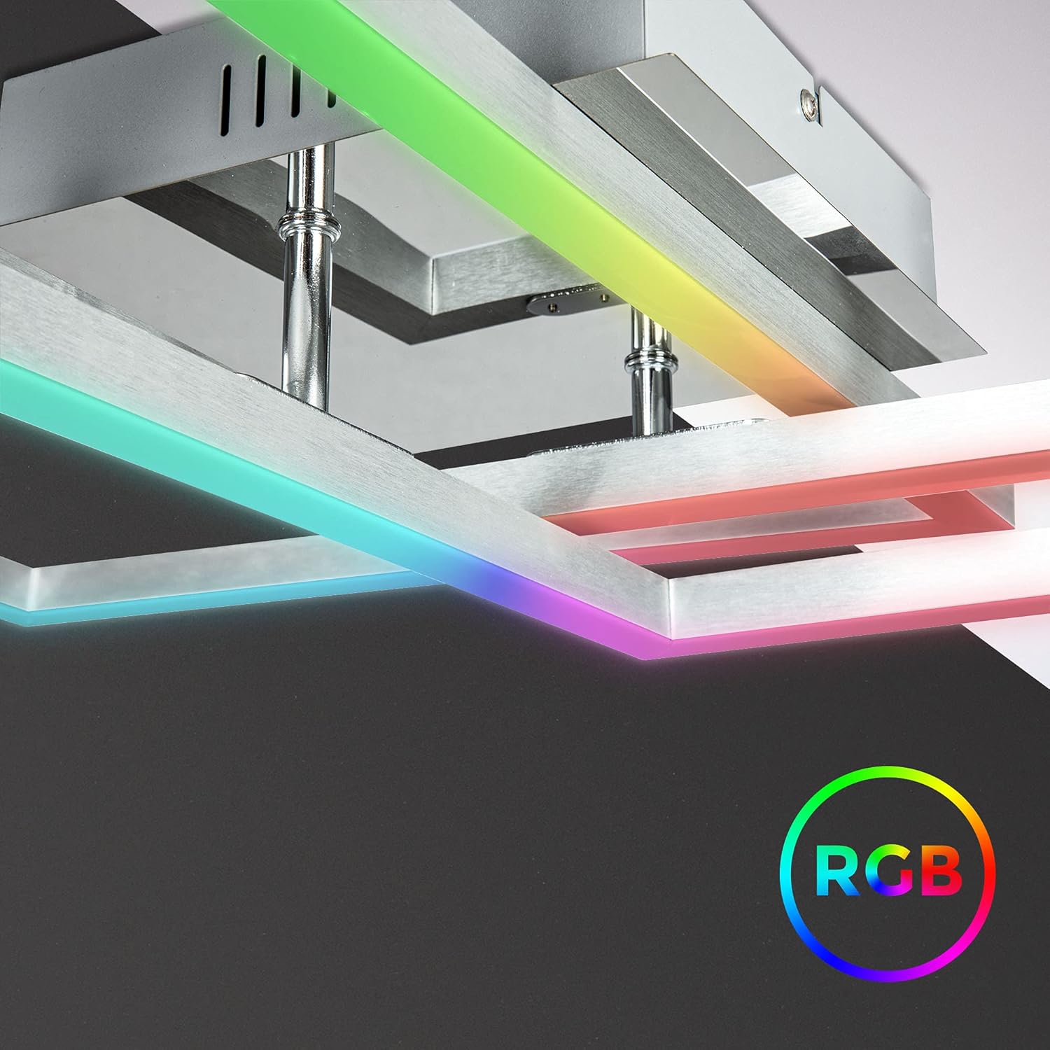 B.K.Licht - Smart Home LED Deckenlampe mit App- und Sprachsteuerung, einstellbar von warmweiß bis kaltweiß, buntes RGB Licht, Lampe, LED Deckenleuchte, Wohnzimmerlampe, 69,5x69,5x11,7 cm, Chrom-Alu