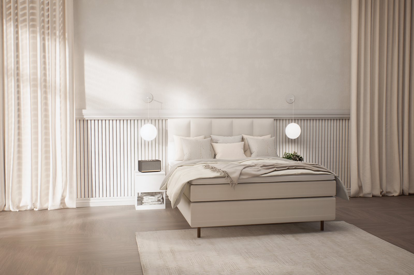 Premium 12 kontinentalseng Tekstil Bris 05 beige, medium/medium, XOV Premium 12 memoryfoam overmadrass og runde ben i røkfarget eik 15 cm