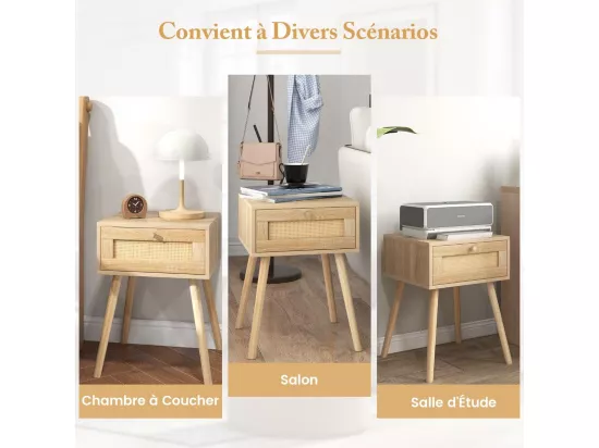 Table de Chevet en Rotin, Table de Nuit Bois avec Tiroir et 4 Pieds en Pin, Chevet de Lit pour Chambre, Salon, Style Naturel, 40 x 40 x 55 cm
