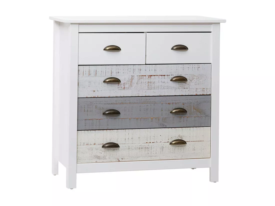 ROSALIA - Commode 5 Tiroirs Bois Aspect Vieilli Blanc et Grisé