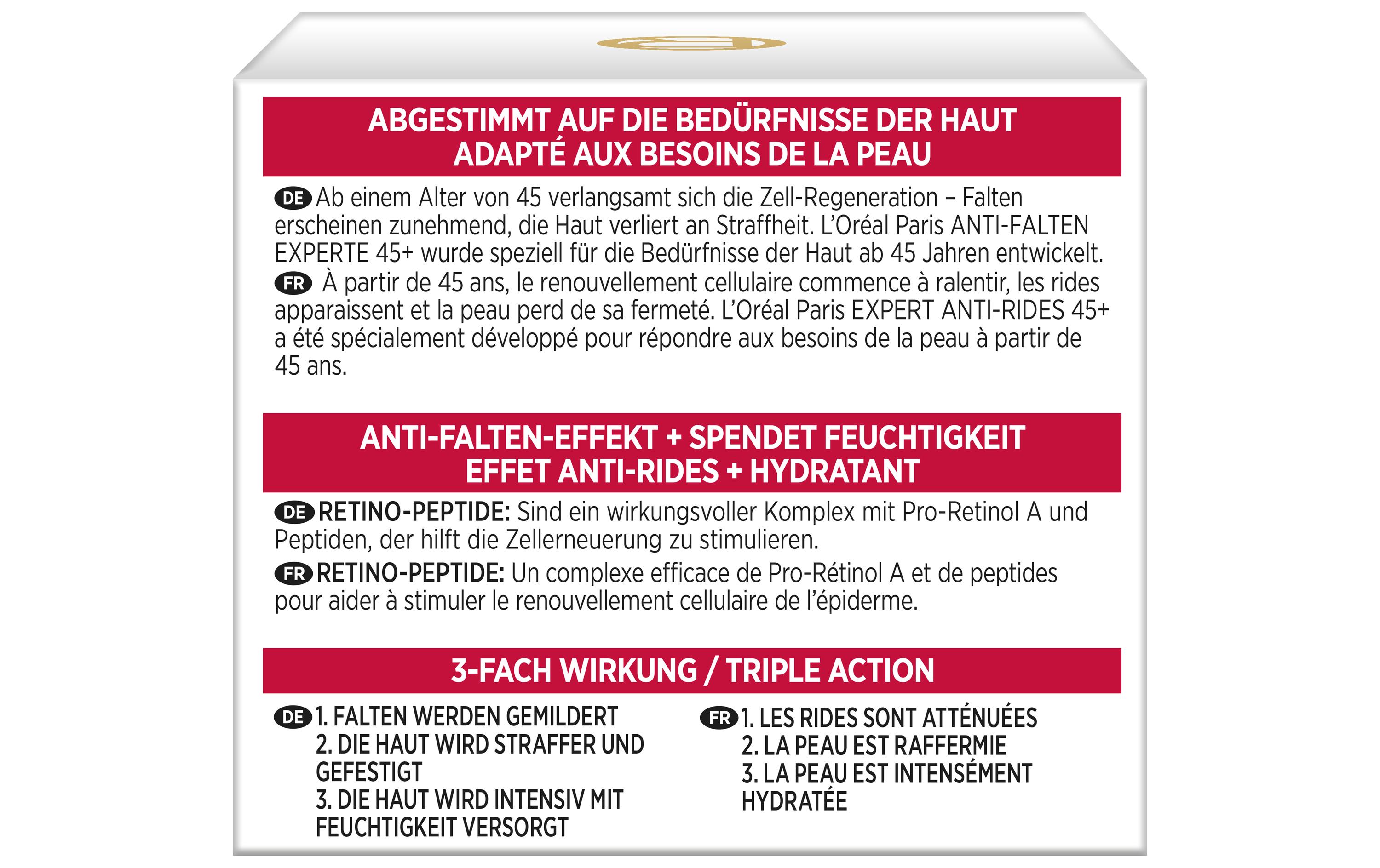 Nachtcrème Anti-Falten Experte Intensiv-Pflege 45+ 50 mlGesichtspflege strafft und verbessert das Erscheinungsbild und fördert die Regeneration der Haut über Nacht