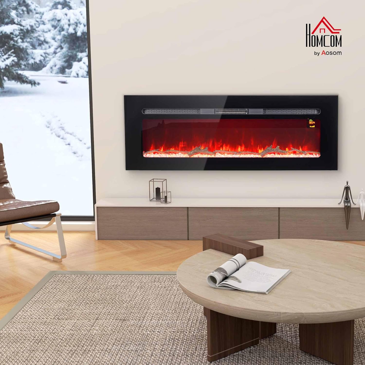 HOMCOM Elektrokamin, Wandkamin mit Heizung 1800 W, LED 3D-Flammeneffekt, Kristalle, in 3 Farben mit 5 Helligkeitsstufen, Elektrischer Kamin mit Fernbedienung, Timer, Touchscreen, Wandmontage, Schwarz