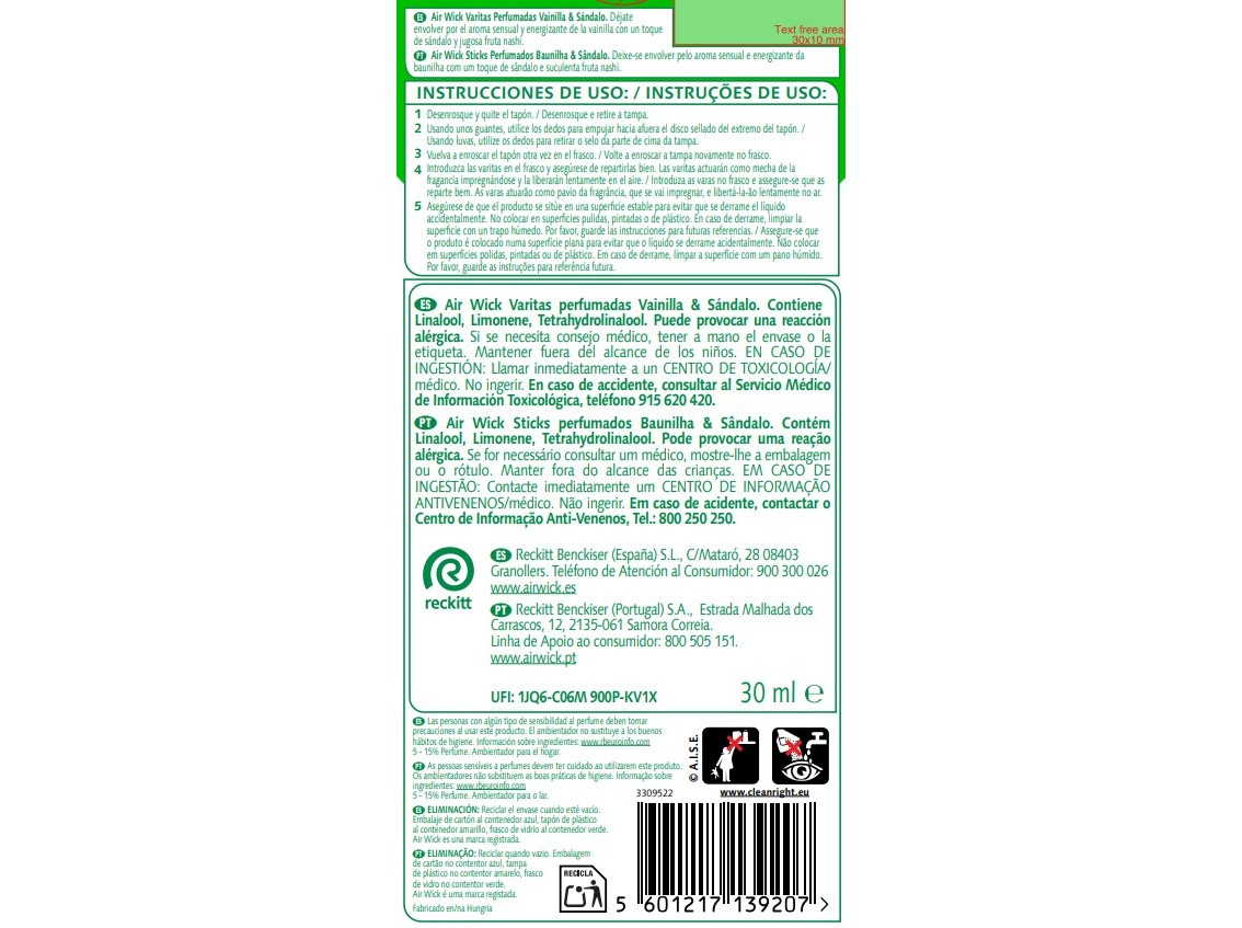 AMBIENTADOR STICKS AIRWICK BAUNILHA E SÂNDALO 30ML