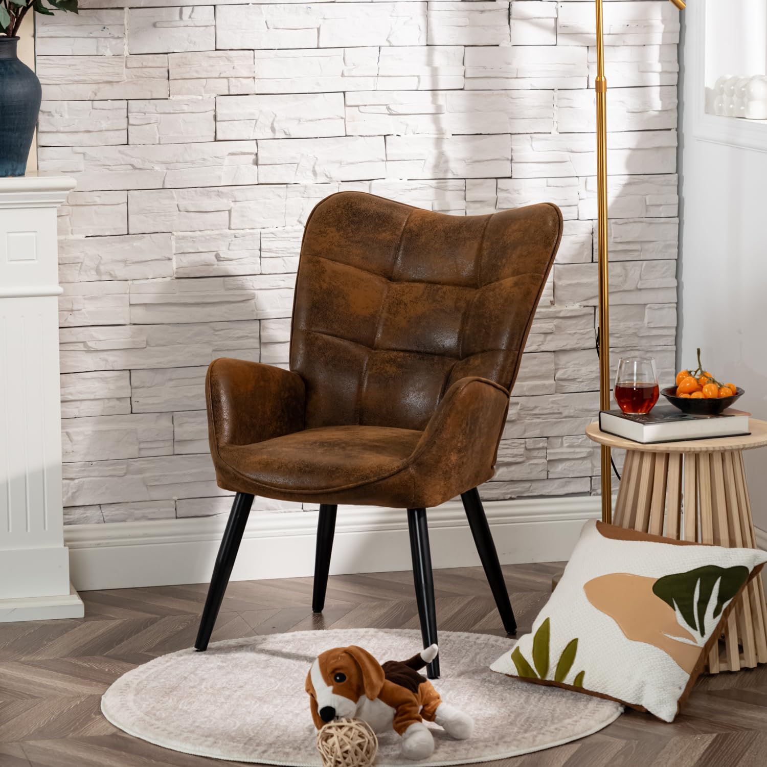 MEUBLE Cosy Sessel Relaxsessel Lehnstühle Polstersessel Einzelsofa mit Metallbeinen Ohrensessel für Wohnzimmer Schlafzimmer Büro Vanity, Wildleder, Braun