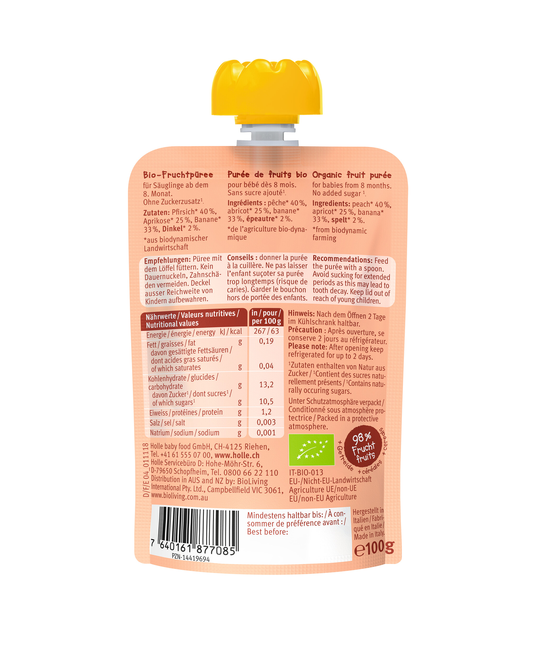 HOLLE Panda Peach Pouchy Pfirsich Aprikose & Banane mit Dinkel 100 g