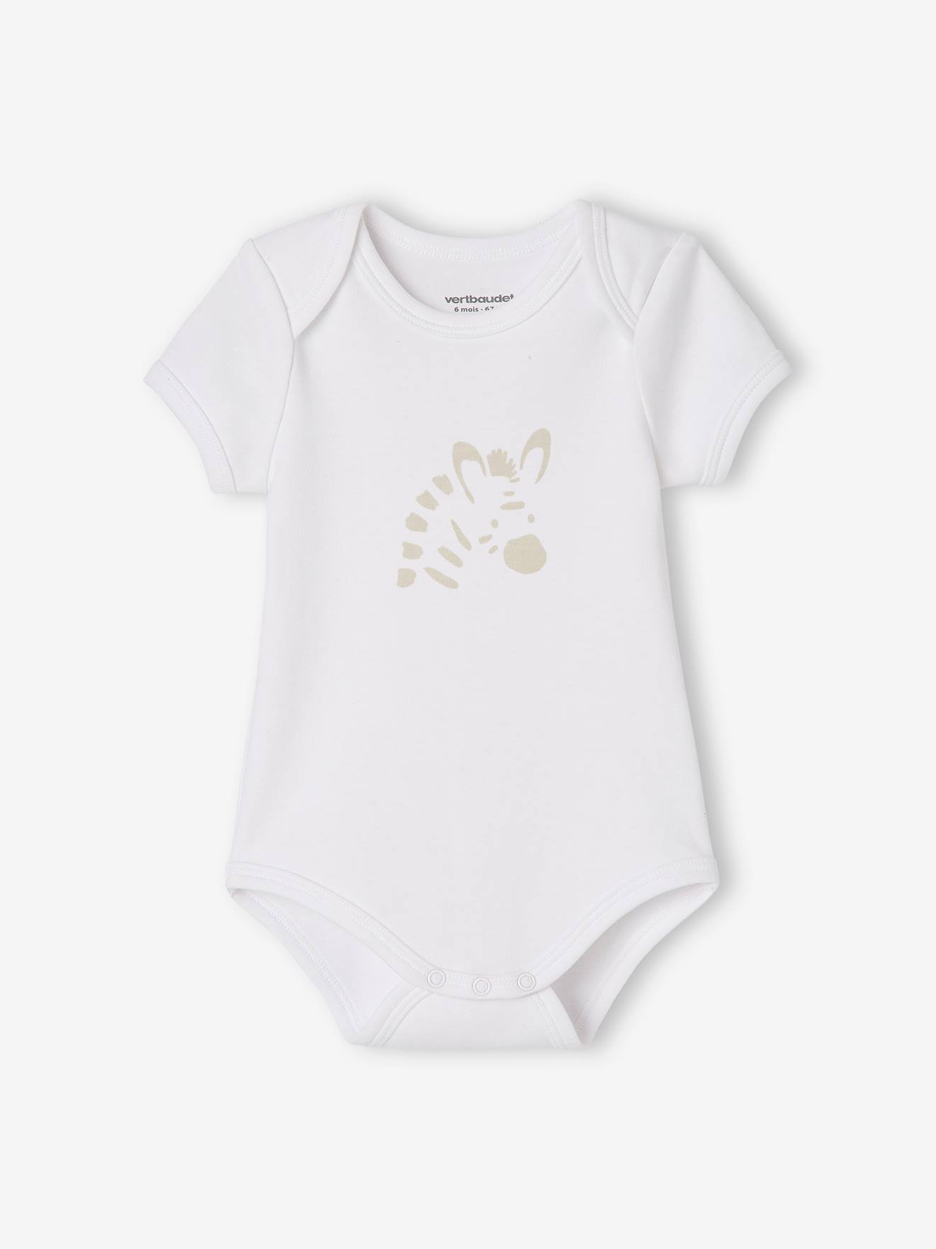 Conjunto de 5 bodies de manga curta com estampa de animais e abertura estilo americano, para recém-nascidos, nas cores branco claro e bicolor/multicolorido.