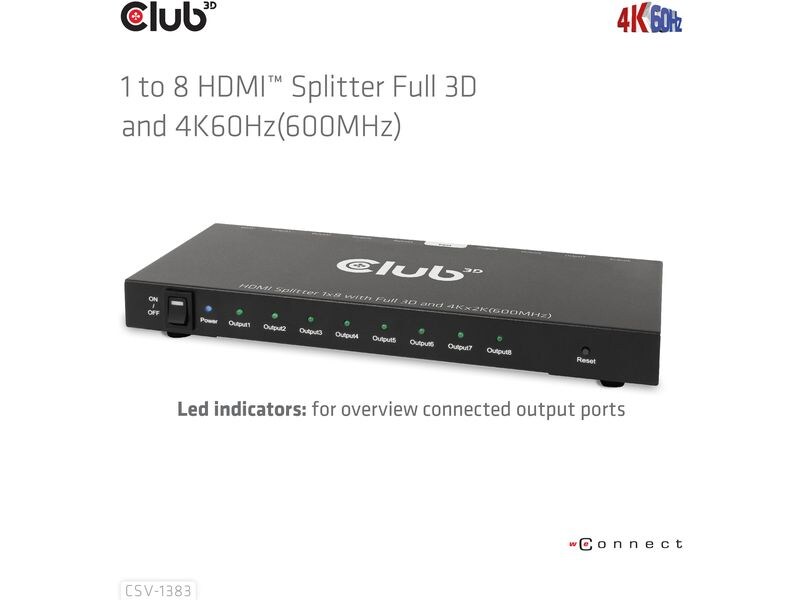 Club 3D 8-Port Signalsplitter CSV-1383 1 auf 8 HDMI-Verteiler