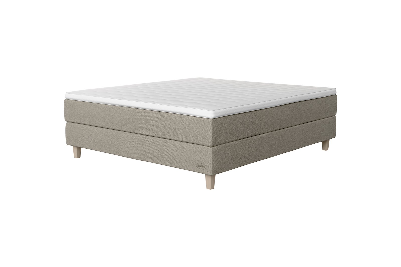 Carat jubileum Exact kontinentalseng 150x200 cm Tekstil 387 Greige, medium/fast, Exact, seamless, Sleep II overmadrass, Kantet Konet 14 cm hvitvasket ben + støtteben, gavl selges separate.